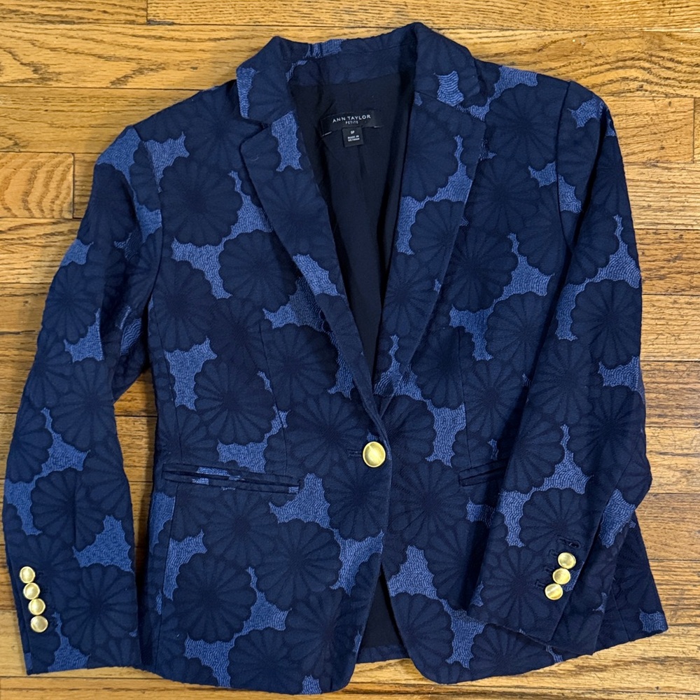 Ann Taylor Midnight Blue Floral Blazer with Gold Buttons